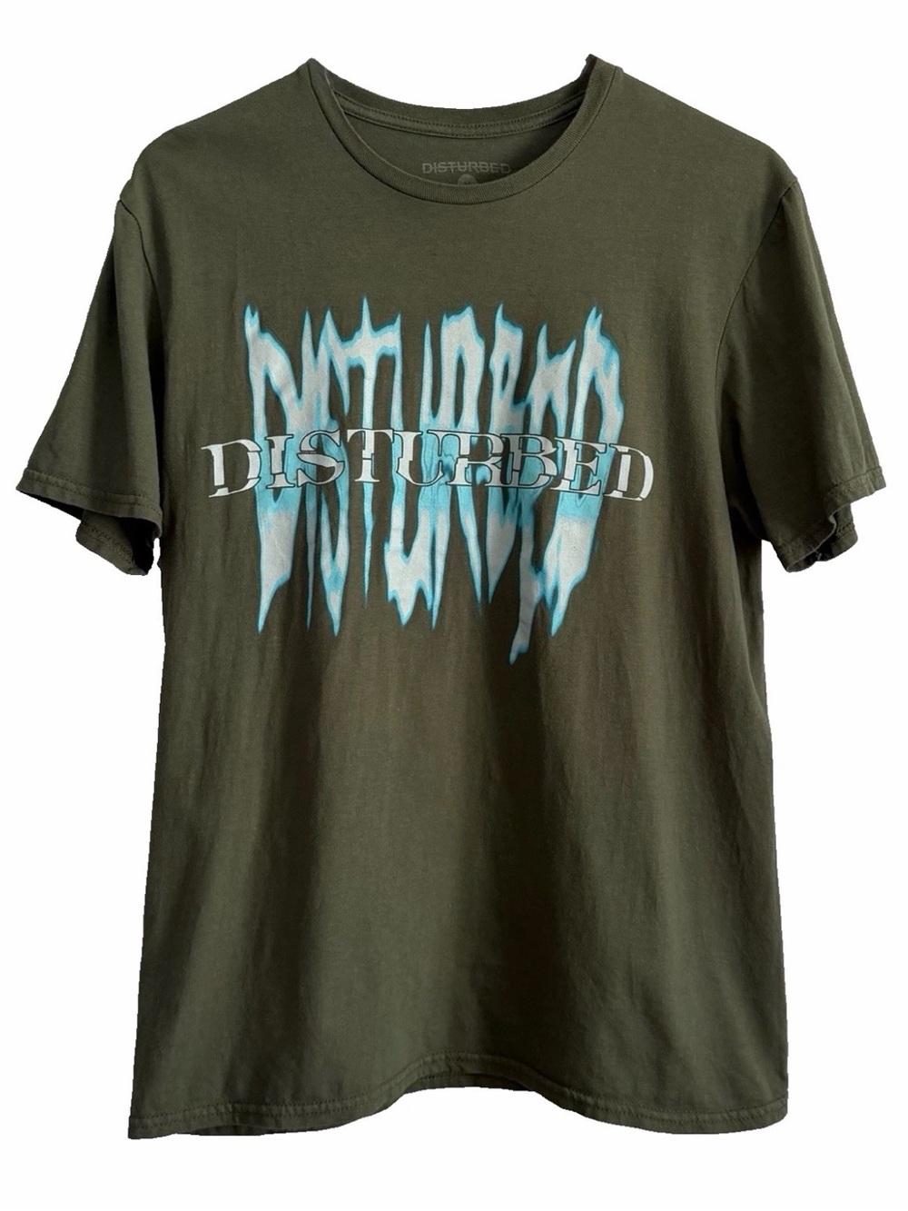 Disturbed Band Olive Green Glow T-Shirt Size Medium 100% Cotton Tour Tee Unisex